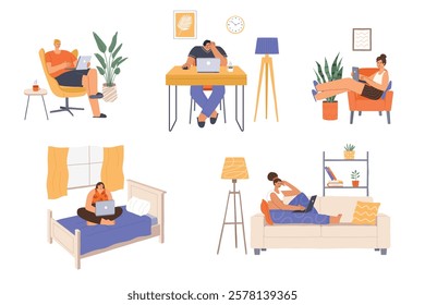 Freelancers at work. Young boys and girls sitting with laptops, free remote work schedule, home environment, professionals, vector set