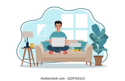 freelancers working on laptops and computers at home. Working at home, coworking space, concept illustration. Young people. People at home in quarantine. Vector flat style illustration
