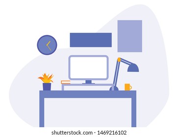 Freelancer's workplace in flat style. Vector illustration. Clock on the wall, potted plant, cup on the table. Two colors - blue and orange. Calm and soft illustration for home screen web design