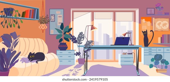 Freiberufler arbeiten. Tisch mit Laptop. Die Inneneinrichtung besteht aus Haustieren und weißem Sofa. Katzen in einem hellen Raum auf einem Holzboden. Bücher und Indoor-Pflanzen. Vektorgrafik
