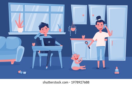 Freelancers young family with baby working home blue interior funny cartoon composition father with laptop vector illustration