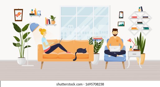 Freelancers, young woman and man working at home with laptops in a living room.  Apartments interior with sofa, plants, armchair, pictures, lamp. Home office. Stay home VECTOR illustration