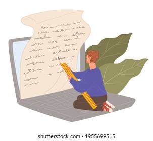 Freelancing or copywriting, male character writing article on piece of paper. Student doing homework, journalist using storytelling technique for text. Composing content for web. Vector in flat style