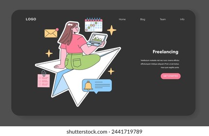Freelancing depiction with a female professional managing tasks, analyzing data, and organizing schedules. Embracing the remote work lifestyle. Flat vector illustration
