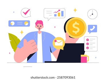 Freelancing and Gig Economy Vector Illustration featuring Finance, Freelance Contracts, Temporary Employment, Business Success, and Bar Charts