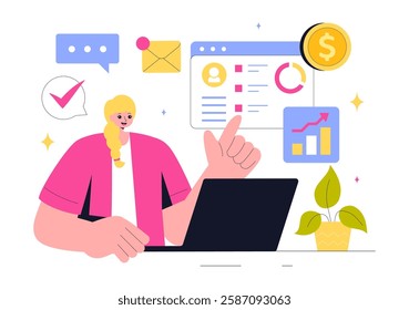 Freelancing and Gig Economy Vector Illustration featuring Finance, Freelance Contracts, Temporary Employment, Business Success, and Bar Charts