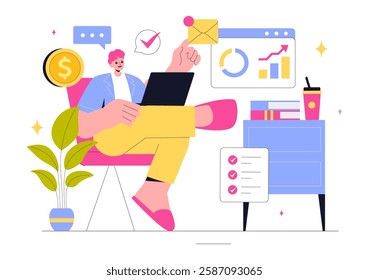 Freelancing and Gig Economy Vector Illustration featuring Finance, Freelance Contracts, Temporary Employment, Business Success, and Bar Charts