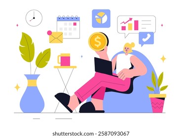 Freelancing and Gig Economy Vector Illustration featuring Finance, Freelance Contracts, Temporary Employment, Business Success, and Bar Charts