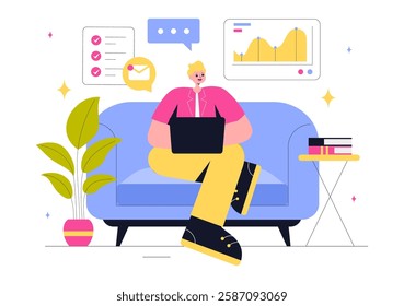 Freelancing and Gig Economy Vector Illustration featuring Finance, Freelance Contracts, Temporary Employment, Business Success, and Bar Charts