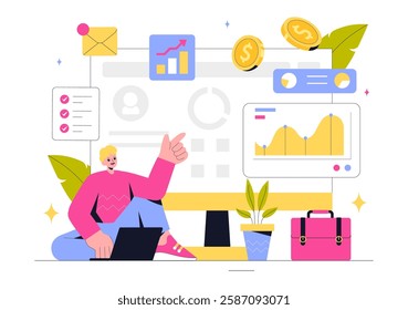 Freelancing and Gig Economy Vector Illustration featuring Finance, Freelance Contracts, Temporary Employment, Business Success, and Bar Charts