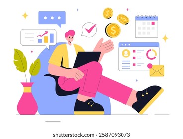 Freelancing and Gig Economy Vector Illustration featuring Finance, Freelance Contracts, Temporary Employment, Business Success, and Bar Charts