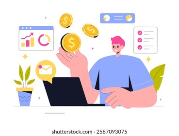 Freelancing and Gig Economy Vector Illustration featuring Finance, Freelance Contracts, Temporary Employment, Business Success, and Bar Charts