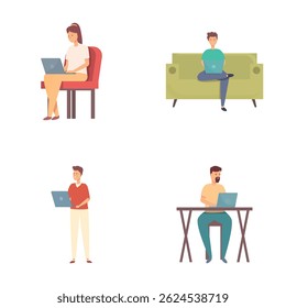 Conjunto de iconos independientes Vector de dibujos animados. Los jóvenes trabajan en condiciones cómodas. Concepto de trabajador autónomo