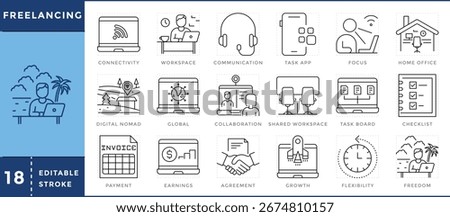 Freelancing icons set. Laptop, network, remote work, flexibility, freelancing workflow, freedom, and growth. Vector editable stroke.