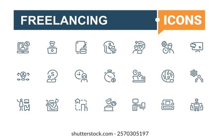 Freelancing linear icon collection. Contains related to workplace, network, home, place, technology, employee, space and more. Perfect for logos and infographics. Editable stroke.