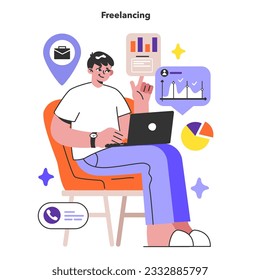 Freelancing. Male character working remotely through the internet. Idea of jop independency and free flexible schedule. Digital nomad idea. Flat vector illustration
