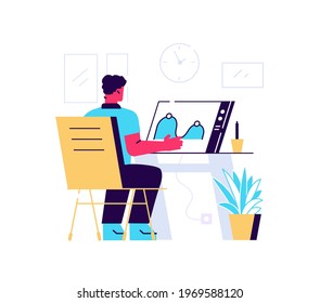 Freelancing and remote work. Home office idea. Distance work concept. Creation of new project process. Vector freelancer man graphic creator at workplace flat illustration.