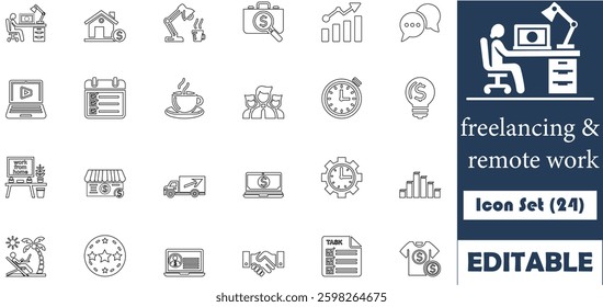 Freelancing and Remote Work, icon set with 24 clean, minimalist icons in blue and orange. Perfect for websites, apps, and projects related to remote jobs and freelancing