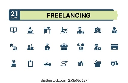 Freelancing sólido conjunto de ícones da Web. Contendo on-line, escritório virtual, autoemprego, confortável, trabalho, colaboração on-line e muito mais. Ícone preenchido plano minimalista. Glifo vetorial editável.