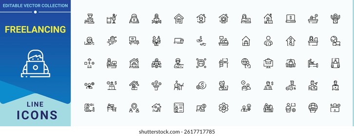 Freelancing vector icon set. Freelancer icon collection. Trendy minimal icons. Contains such symbols as outsourcing, freelance, work, remote and more. Editable stroke. Vector collection.