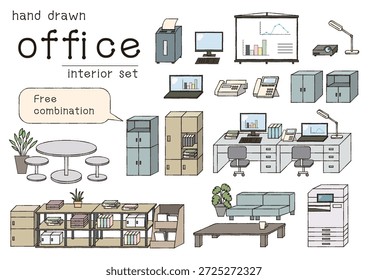 Freely combinable office interior illustration set