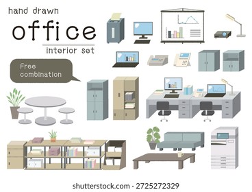 Freely combinable office interior illustration set