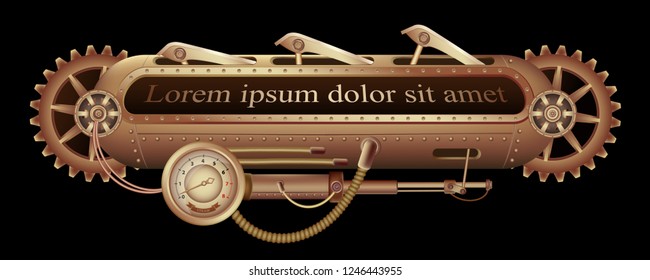 Freely editable mechanical banner decorated with brass gears, nozzles and rivets on a black Steampunk background.