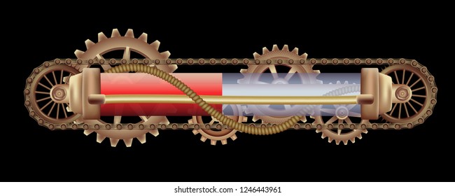 Freely editable mechanical banner decorated with brass gears, nozzles and rivets on a black Steampunk background.