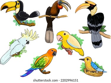 freely isolated vector illustration In a freehand drawing that depicts a group of wild birds with cartoon cuteness.