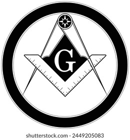 Freemason Compass and Square Symbol in Black and White in Circle