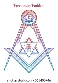 Freemason square and compass. Colorful freemasony vector sign isolated on white