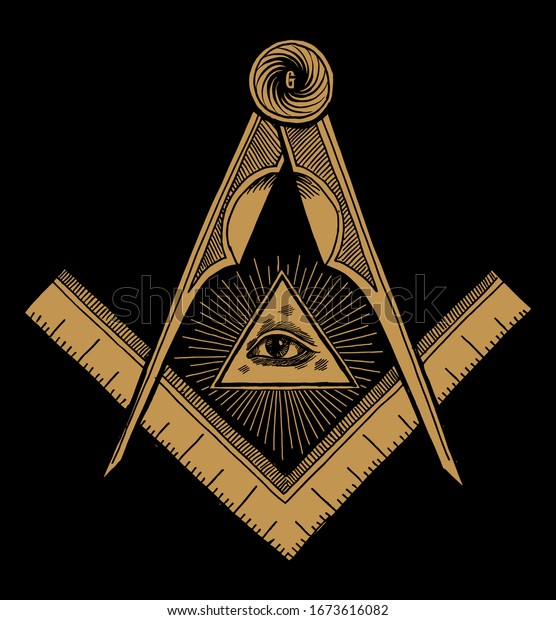 Freemason symbol Square and\
Compasses and eye of providence in shine. Vintage occult\
illustration print.