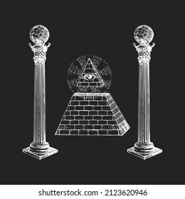 Freemasonry Columns and Eye of Providence, vector illustration concept in engraving style. Vintage pastiche of Boaz and Jachin pillars and Pyramid. Drawn sketch of occult and mystical symbols.