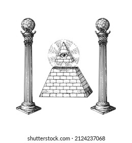 Freimaurerei Säulen und Auge der Vorsehung, Vektorgrafik Konzept in Gravur Stil. Vintage Pastiche von Boaz und Jachin Säulen und Pyramid. Zeichnete Skizze von okkulten und mystischen Symbolen.