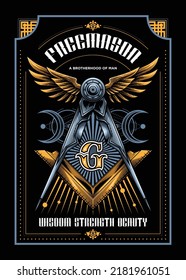 Freemasonry conspiracy logo poster design. Vector illustration in engraving technique of illuminati symbol with ruler, wings, sacred geometry and typography.