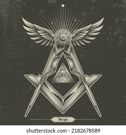Diseño de afiche de la conspiración de masonería. Ilustración vectorial en la técnica de grabado de símbolo de iluminación con regla, alas, geometría sagrada y tipografía.