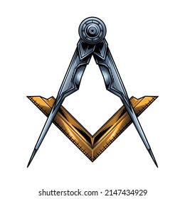 Freemasonry emblem - the masonic square and compass symbol. Vector illustration in engraving technique of sacred geometry triangle, masonry and illuminati symbol.