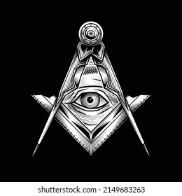 Freemasonry emblem - the masonic square and compass symbol. Vector illustration in engraving technique of All seeing eye in sacred geometry triangle, masonry and illuminati symbol.