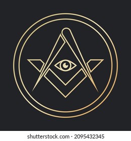 Freemasonry Golden Emblem Icon Logo. The masonic square and compass symbol. Vector illustration.