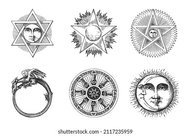 Freemasonry and mystical symbols, drawn sketches. Set of vector illustrations in engraving style. Vintage pastiche of esoteric and occult signs. 