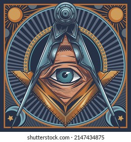 Freemasonry poster - the masonic square and compass symbol. Vector illustration in engraving technique of All seeing eye in sacred geometry triangle, masonry and illuminati symbol.