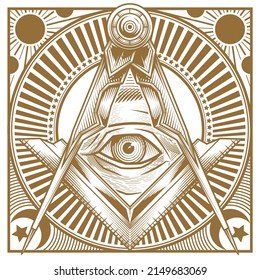 Freemasonry poster - the masonic square and compass symbol. Vector illustration in engraving technique of All seeing eye in sacred geometry triangle, masonry and illuminati symbol.