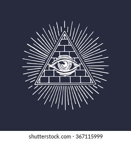 Freemasonry pyramid all-seeing eye. Engraving masonic logo. Vector Eye Of Providence illustration. Symbol Omniscience, new world order emblem.