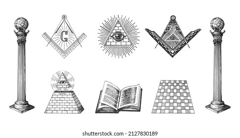 Freemasonry symbols, set of vector illustrations in engraving style. Vintage pastiche of Eye of Providence, pillars of Boaz and Jachin, Square and Compasses. Sketches of occult, mystical symbolism.