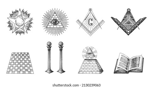 Freemasonry symbols, set of vector illustrations in engraving style. Vintage pastiche of Eye of Providence, pillars of Boaz and Jachin, Square and Compasses. Sketches of occult, mystical symbolism.