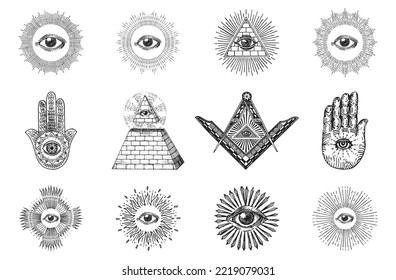 Freemasonry symbols, set of vector illustrations in engraving style, All Seeing Eye, Square and Compasses, Pyramid. Hamsa and Eye of Providence on the palm, vintage sketches