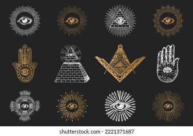 Freemasonry symbols, set of vector illustrations in engraving style, All Seeing Eye, Square and Compasses, Pyramid. Hamsa and Eye of Providence on the palm, vintage sketches