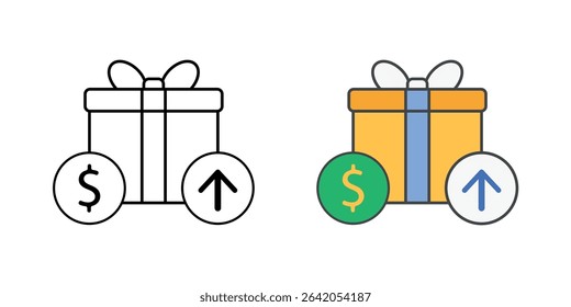 Freemium model icon with a gift box, coin, and upgrade arrow, in outline and color styles, ideal for illustrating free SaaS tiers with premium upgrade options.