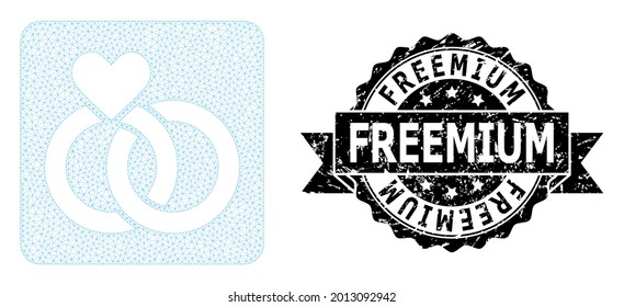 Freemium unclean seal print and vector wedding rings mesh structure. Black stamp seal contains Freemium caption inside ribbon and rosette. Abstract flat mesh wedding rings, created from flat mesh.