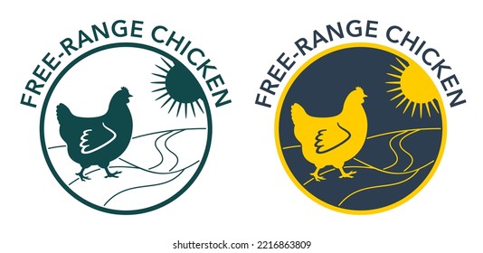 Free-Range Chicken - label for meat of animals living in nature, eating natural foods, and soaking in sunlight. Isolated icon